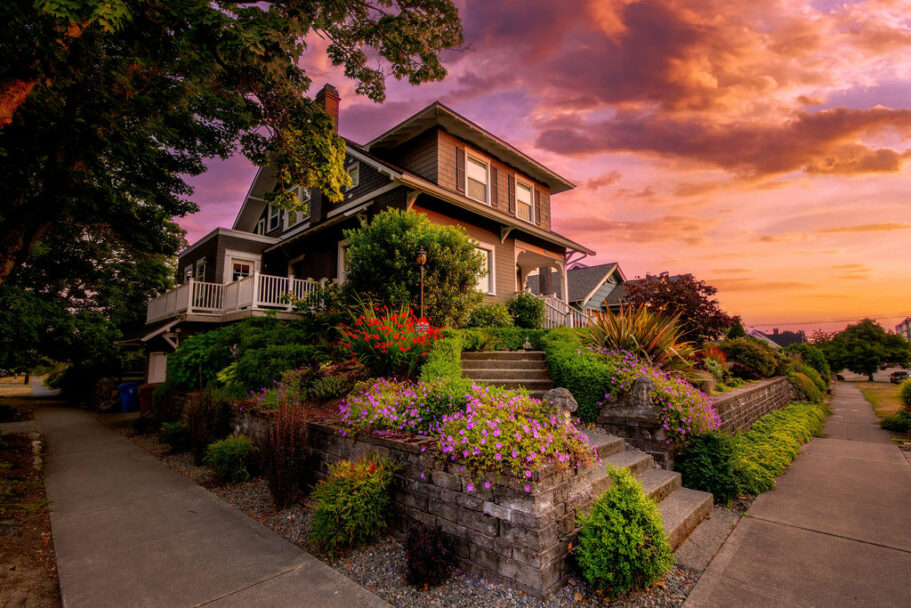 a home in North Tacoma's proctor neighborhood up on a hill at sunset