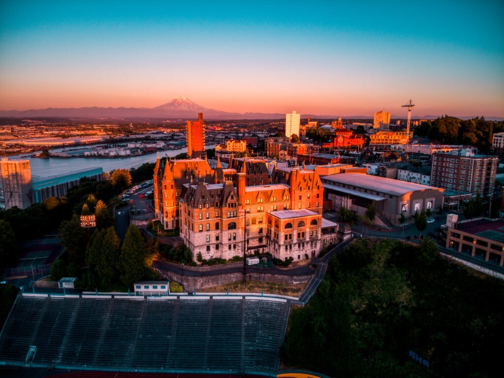 stadium district of tacoma from above at sunset