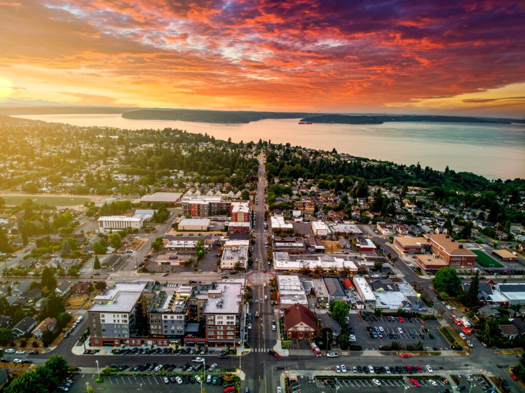 a photo of North Tacoma from the air at sunset from MovetoTacoma.com