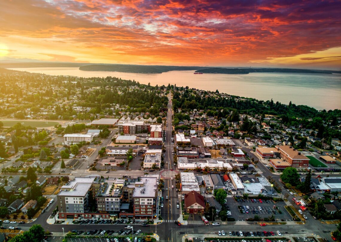 a photo of North Tacoma from the air at sunset from MovetoTacoma.com