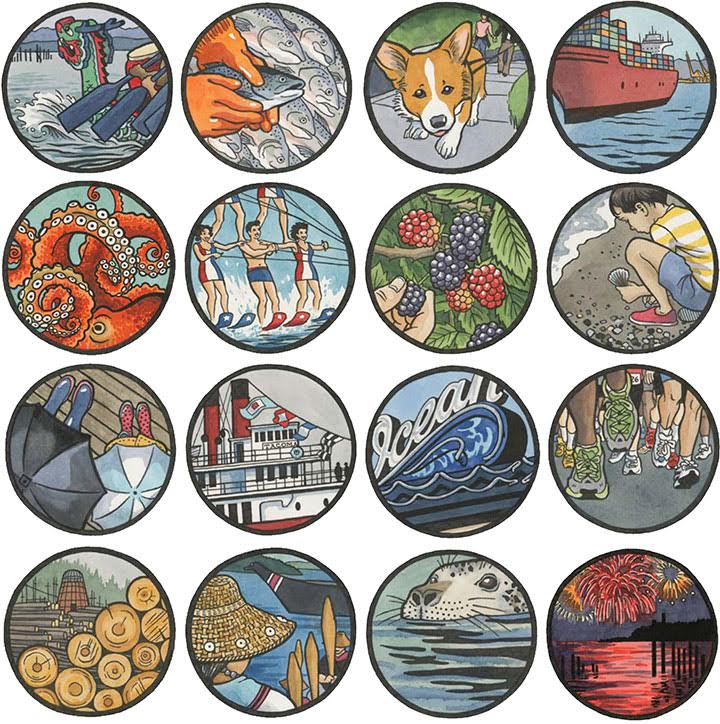 16 of 24 "Droplets" medallions, designed for a permanent public art piece in Tacoma, WA. Porcelain enamel, 2013. Click the image to read more about the project!