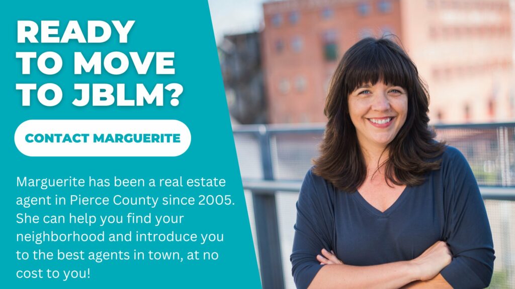 A photo of JBLM real estate agent marguerite martin with her arms crossed in front of a building in Tacoma, Washington with the words, "Ready to move to JBLM? Marguerite has been a real estate agent in Pierce County since 2005. She can help you find your neighbohood and a real estate agent to help you."