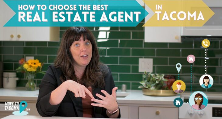 Tacoma real estate agent marguerite martin sits in a kitchen with green tiles and white cabinets. The words say "How to choose the best real estate agent in Tacoma"