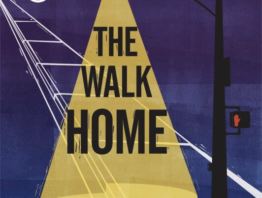 An illustration of dark road with the light from a street lamp illuminating the words 