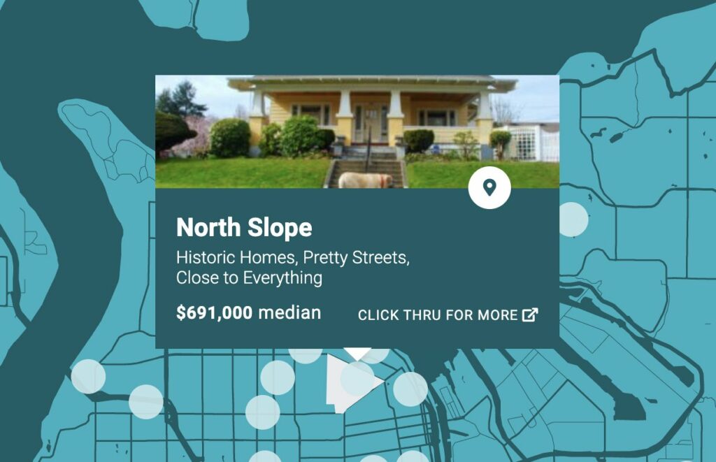A picture of the North Slope Historic District of Tacoma outlined on a Tacoma Neighborhood Map
