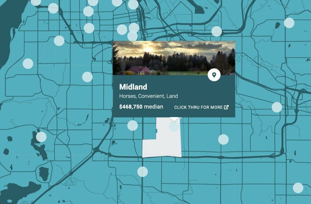 A map of Pierce County, Washington with the Midland Area of Tacoma highlighted on the map.