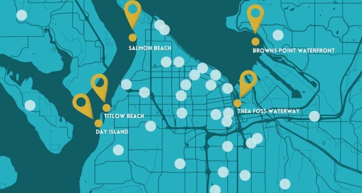 A map of Tacoma Washington with the 5 hidden waterfront neighborhoods of Salmon beach, Day Island, Totlow beach, Browns Point Waterfront, and Thea Foss highlighted on the map with chartreuse colored pins.